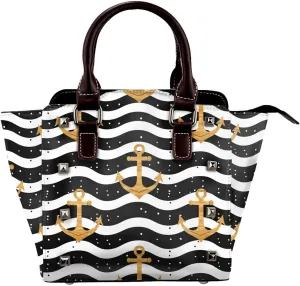 Leather Shoulder Bag for Women, Ocean Anchor Studded Purse Vintage Wave Crossbody Handbags Punk Hobo Bag with Adjustable Strap