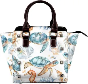 Leather Shoulder Bag for Women, Ocean Seahorse Studded Purse Sea Turtle Crossbody Handbags Punk Hobo Bag with Adjustable Strap