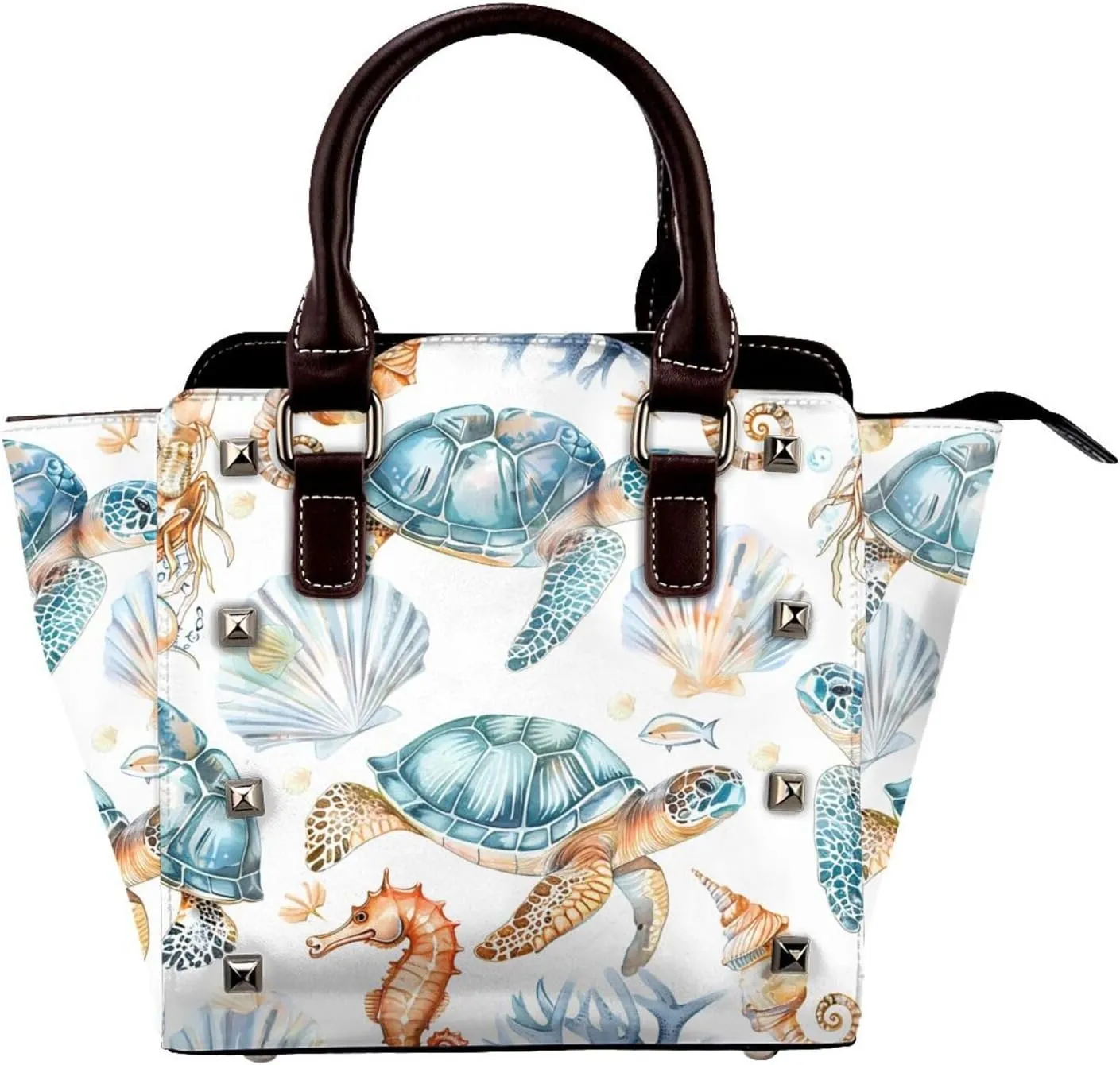 Leather Shoulder Bag for Women, Ocean Seahorse Studded Purse Sea Turtle Crossbody Handbags Punk Hobo Bag with Adjustable Strap