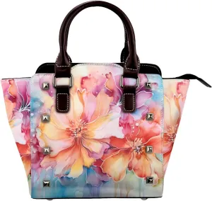 Leather Shoulder Bag for Women, Oil Painting Flowers Studded Purse Colorful Floral Crossbody Handbags Punk Hobo Bag with Adjustable Strap
