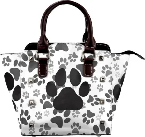 Leather Shoulder Bag for Women, Paw Print Studded Purse Cat Dog Footprint Crossbody Handbags Punk Hobo Bag with Adjustable Strap