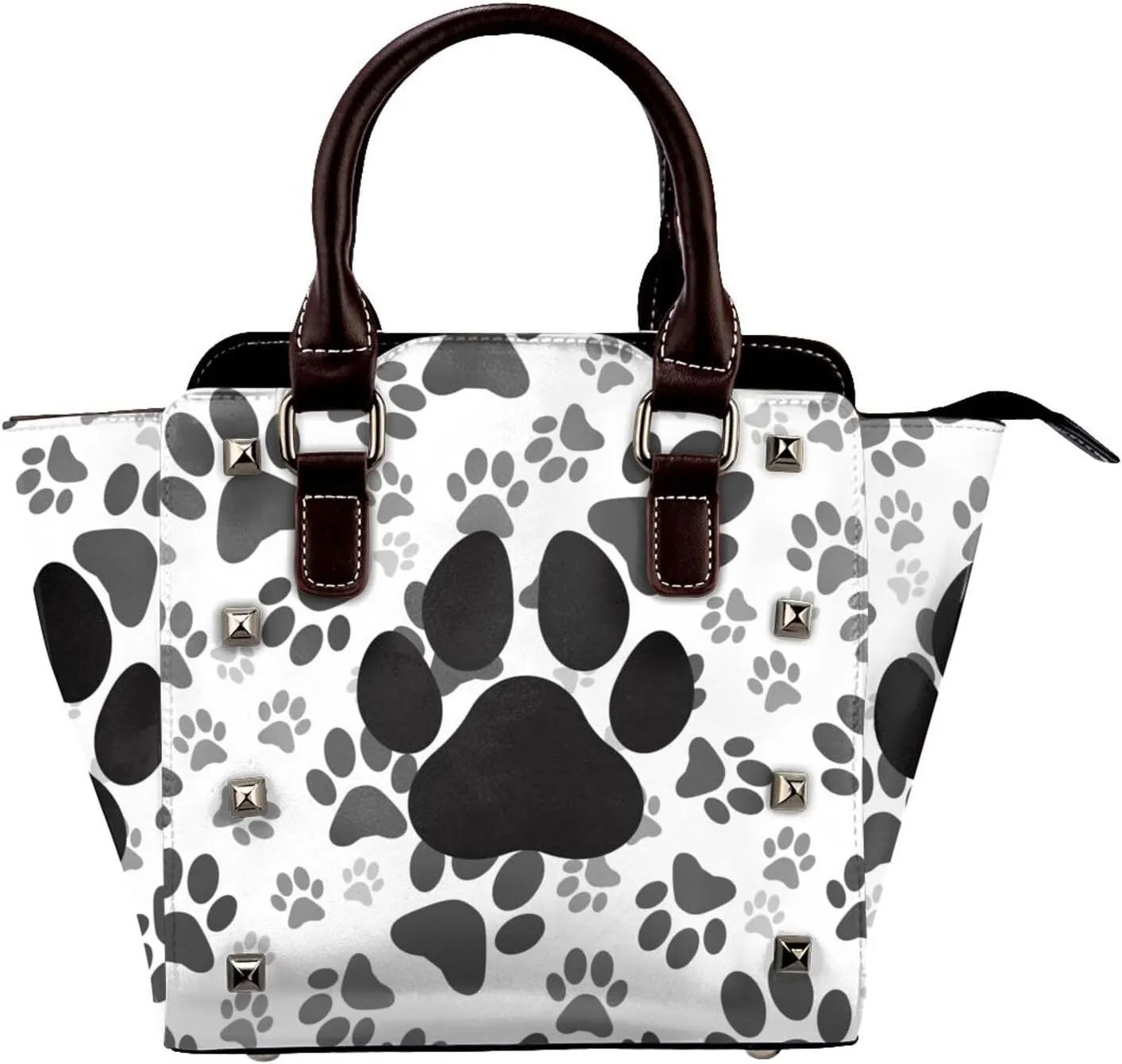 Leather Shoulder Bag for Women, Paw Print Studded Purse Cat Dog Footprint Crossbody Handbags Punk Hobo Bag with Adjustable Strap