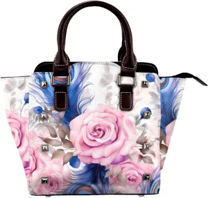 Leather Shoulder Bag for Women, Peacock Feather Studded Purse Rose Flower Crossbody Handbags Punk Hobo Bag with Adjustable Strap
