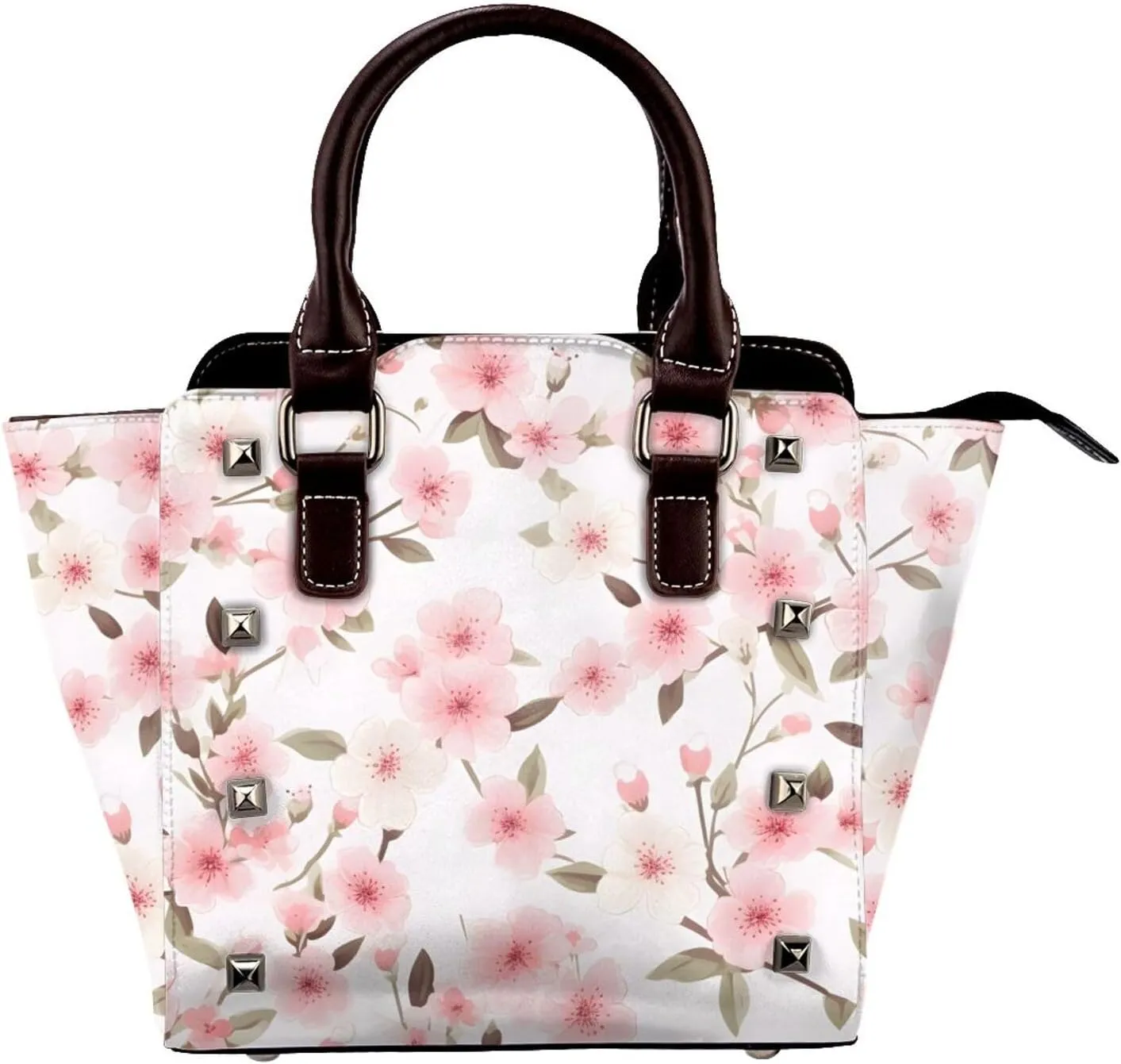 Leather Shoulder Bag for Women, Pink Cherry Studded Purse Japanese Flower Floral Crossbody Handbags Punk Hobo Bag with Adjustable Strap