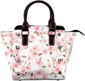 Leather Shoulder Bag for Women, Pink Cherry Studded Purse Japanese Flower Floral Crossbody Handbags Punk Hobo Bag with Adjustable Strap