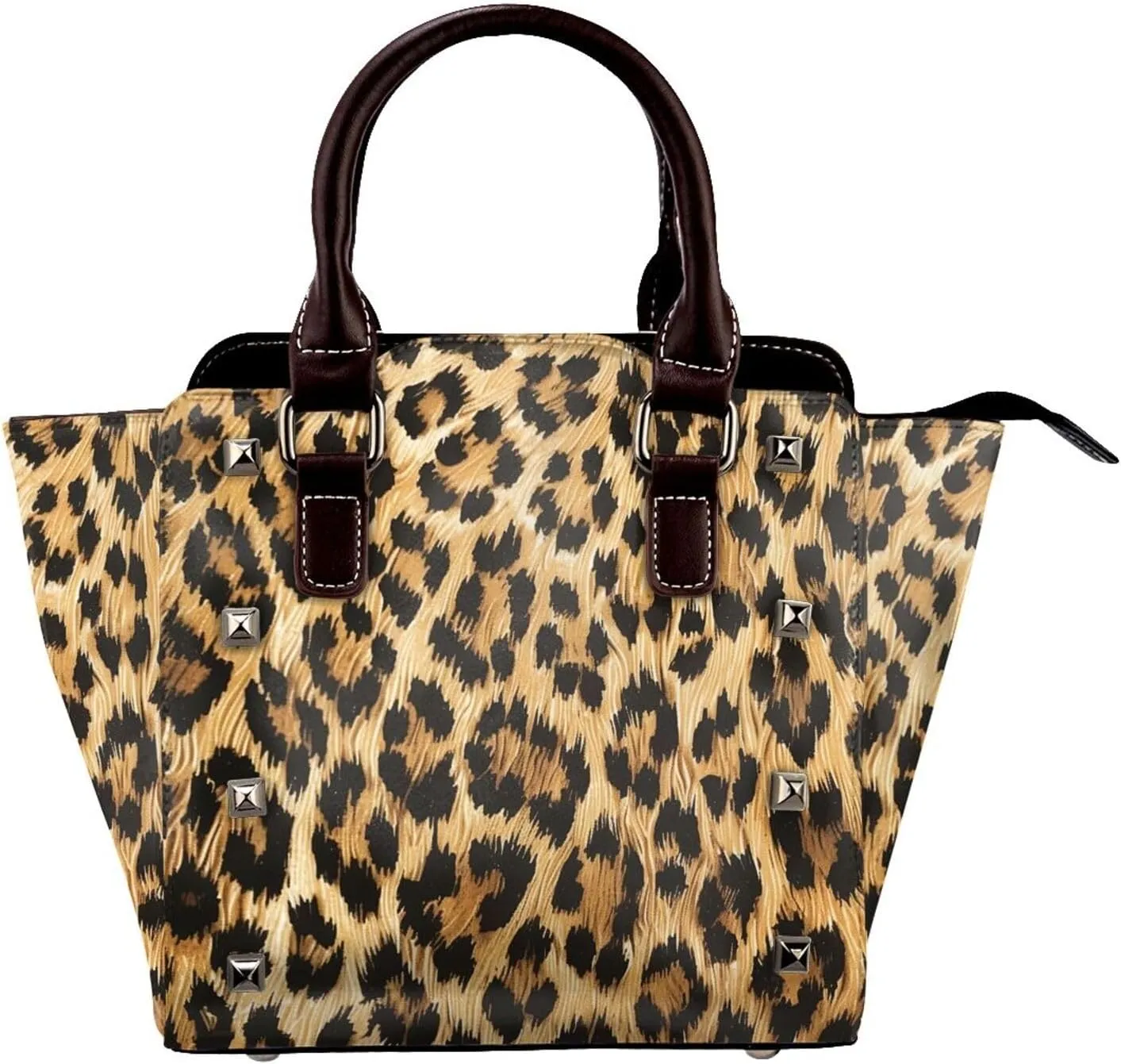 Leather Shoulder Bag for Women, Retro Leopard Print Studded Purse Giraffe Skin Crossbody Handbags Punk Hobo Bag with Adjustable Strap