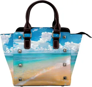 Leather Shoulder Bag for Women, Sea Hawaii Beach Studded Purse Ocean Crossbody Handbags Punk Hobo Bag with Adjustable Strap