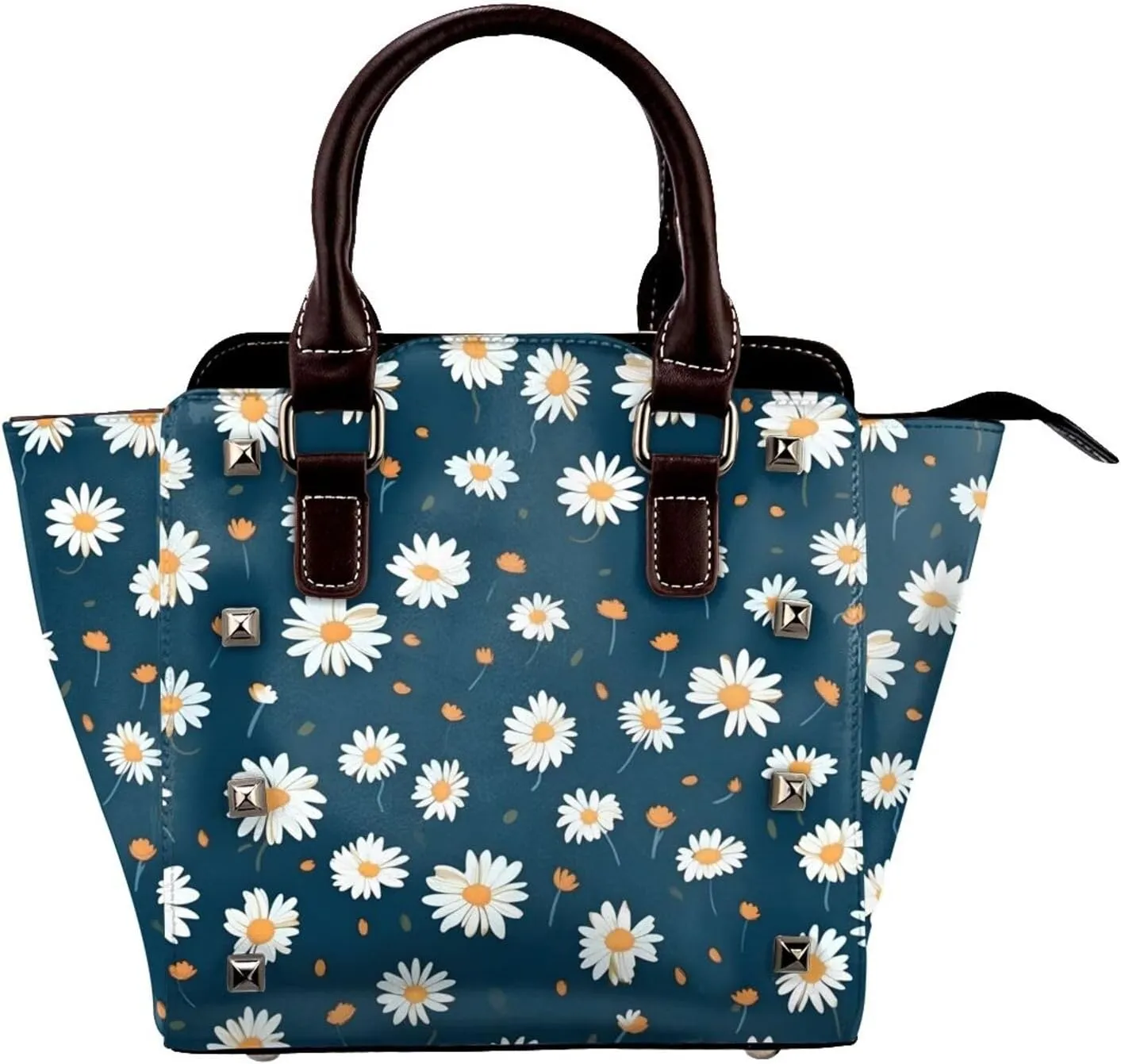 Leather Shoulder Bag for Women, Spring Daisy Studded Purse Flower Floral Crossbody Handbags Punk Hobo Bag with Adjustable Strap