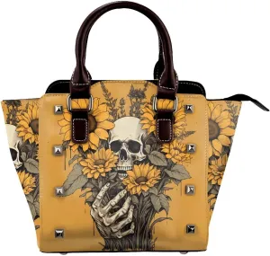 Leather Shoulder Bag for Women, Sunflower Skeleton Studded Purse Spooky Skull Crossbody Handbags Punk Hobo Bag with Adjustable Strap