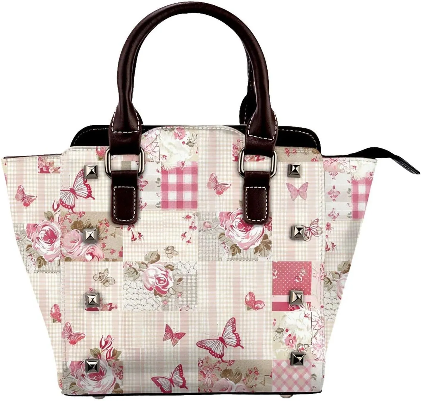Leather Shoulder Bag for Women, Vintage Rose Studded Purse Butterfly Flower Crossbody Handbags Punk Hobo Bag with Adjustable Strap