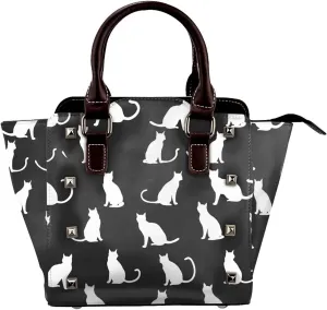 Leather Shoulder Bag for Women, White Cat Studded Purse Cute Kitten Crossbody Handbags Punk Hobo Bag with Adjustable Strap