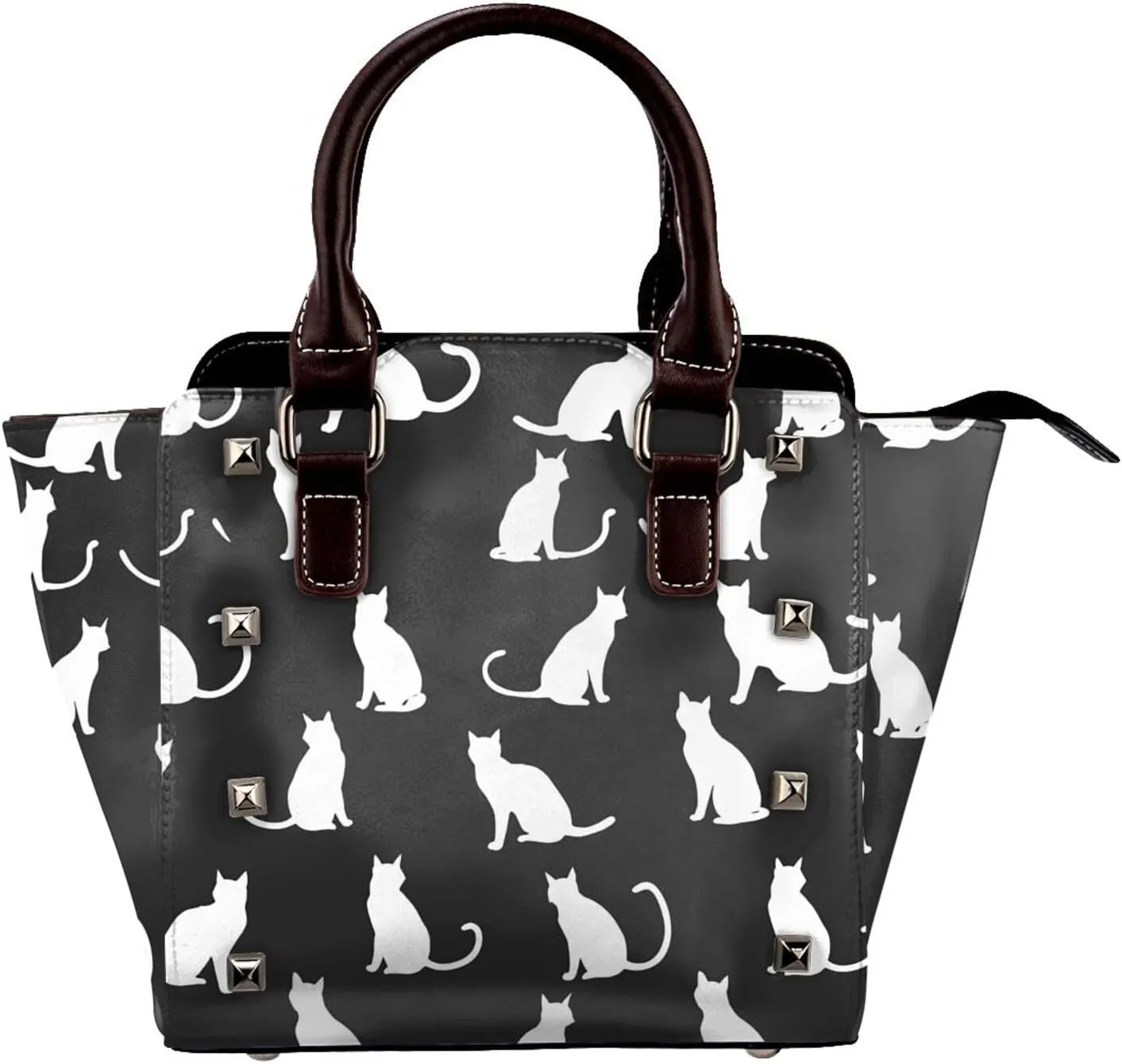 Leather Shoulder Bag for Women, White Cat Studded Purse Cute Kitten Crossbody Handbags Punk Hobo Bag with Adjustable Strap