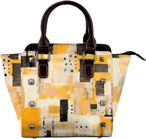 Leather Shoulder Bag for Women, Yellow Abstract Studded Purse Modern Art Crossbody Handbags Punk Hobo Bag with Adjustable Strap