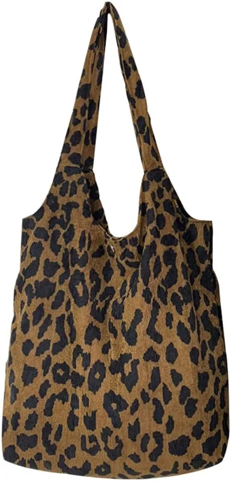 Leopard Printed Shoulder Bag Soft Large Corduroy Tote Purse Handbag Travel Satchel Shopping Bag for Women Girls