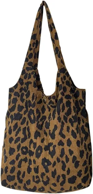 Leopard Printed Shoulder Bag Soft Large Corduroy Tote Purse Handbag Travel Satchel Shopping Bag for Women Girls