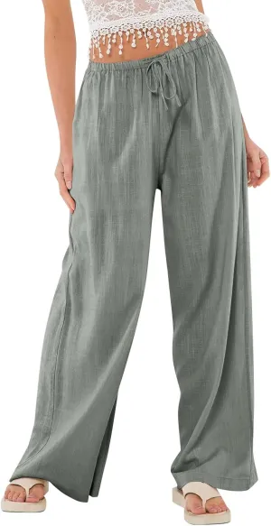 Linen Pants Women Drawstring Low Rise Wide Leg Pants Summer Flowy Vacation Beach Pant Casual Palazzo Pant