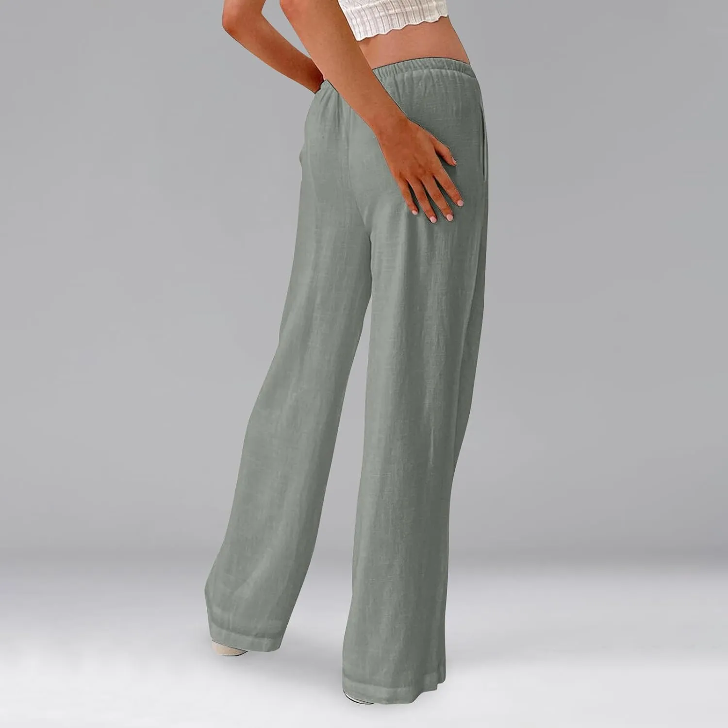 Linen Pants Women Drawstring Low Rise Wide Leg Pants Summer Flowy Vacation Beach Pant Casual Palazzo Pant