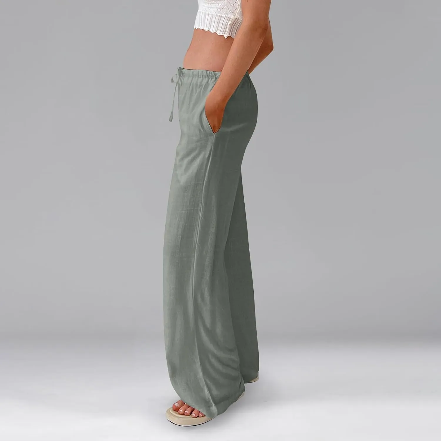 Linen Pants Women Drawstring Low Rise Wide Leg Pants Summer Flowy Vacation Beach Pant Casual Palazzo Pant