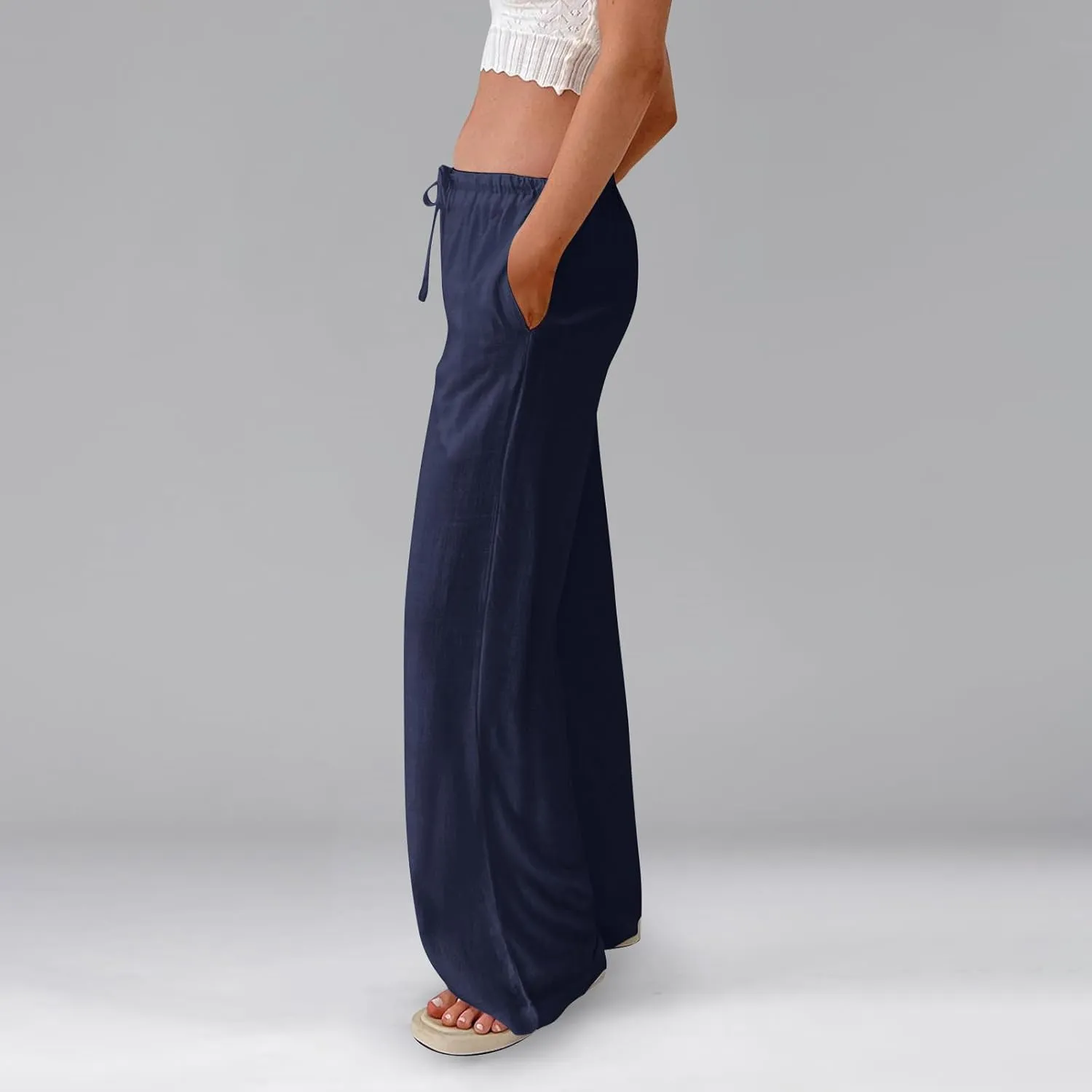 Linen Pants Women Drawstring Low Rise Wide Leg Pants Summer Flowy Vacation Beach Pant Casual Palazzo Pant