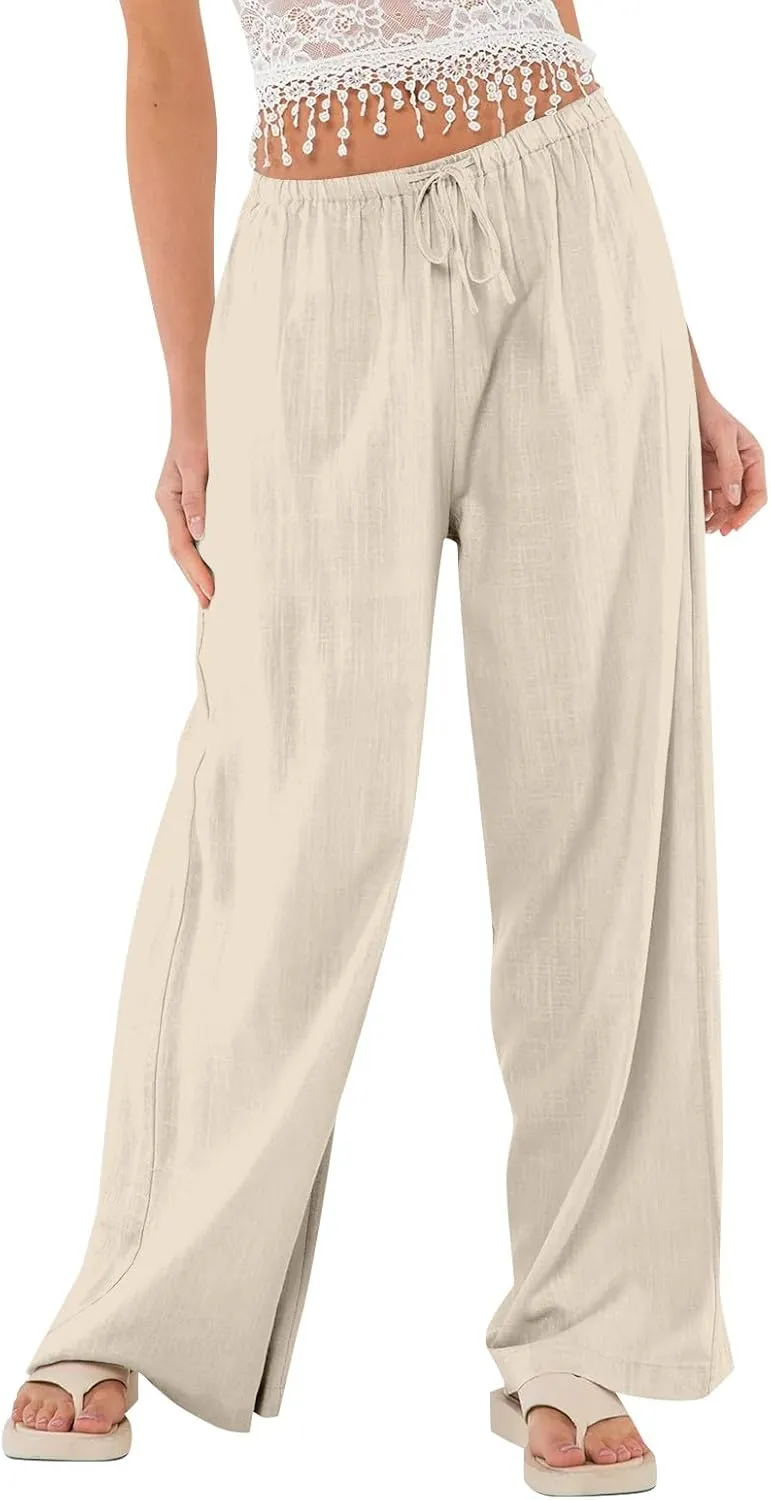 Linen Pants Women Drawstring Low Rise Wide Leg Pants Summer Flowy Vacation Beach Pant Casual Palazzo Pant