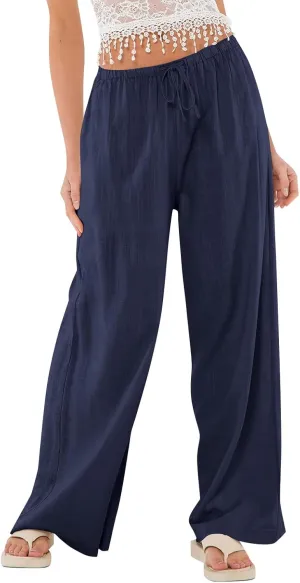 Linen Pants Women Drawstring Low Rise Wide Leg Pants Summer Flowy Vacation Beach Pant Casual Palazzo Pant