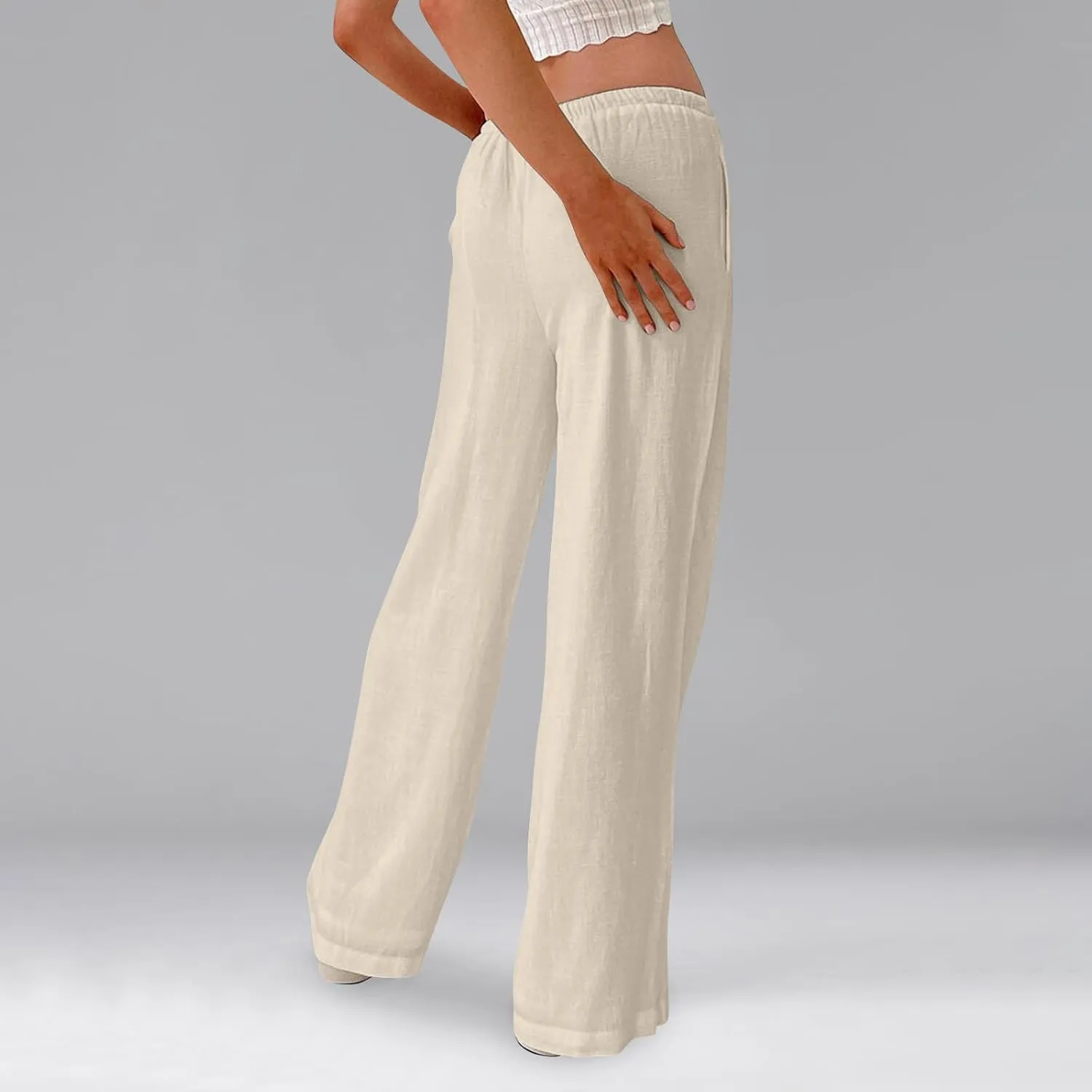 Linen Pants Women Drawstring Low Rise Wide Leg Pants Summer Flowy Vacation Beach Pant Casual Palazzo Pant