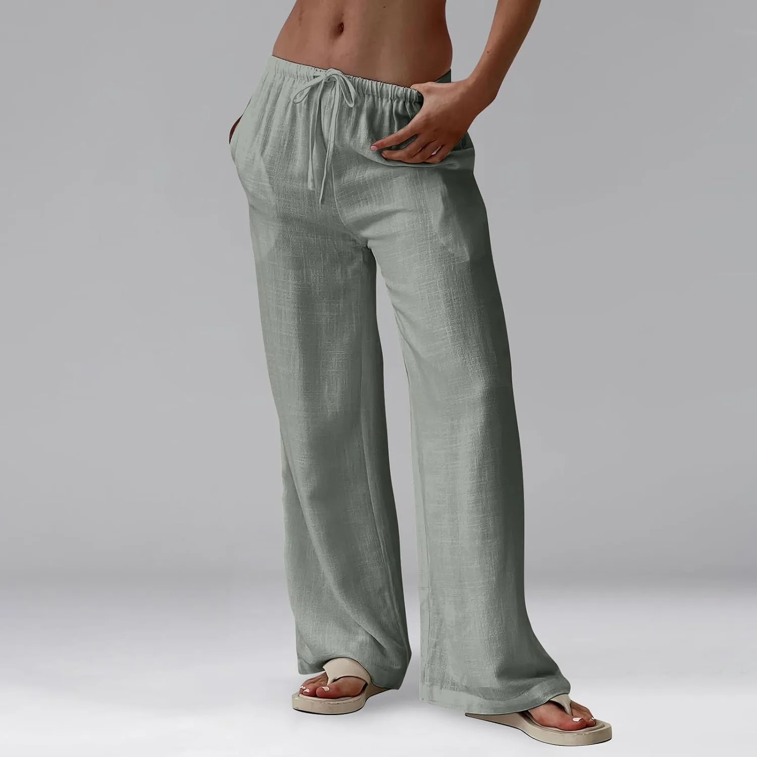 Linen Pants Women Drawstring Low Rise Wide Leg Pants Summer Flowy Vacation Beach Pant Casual Palazzo Pant