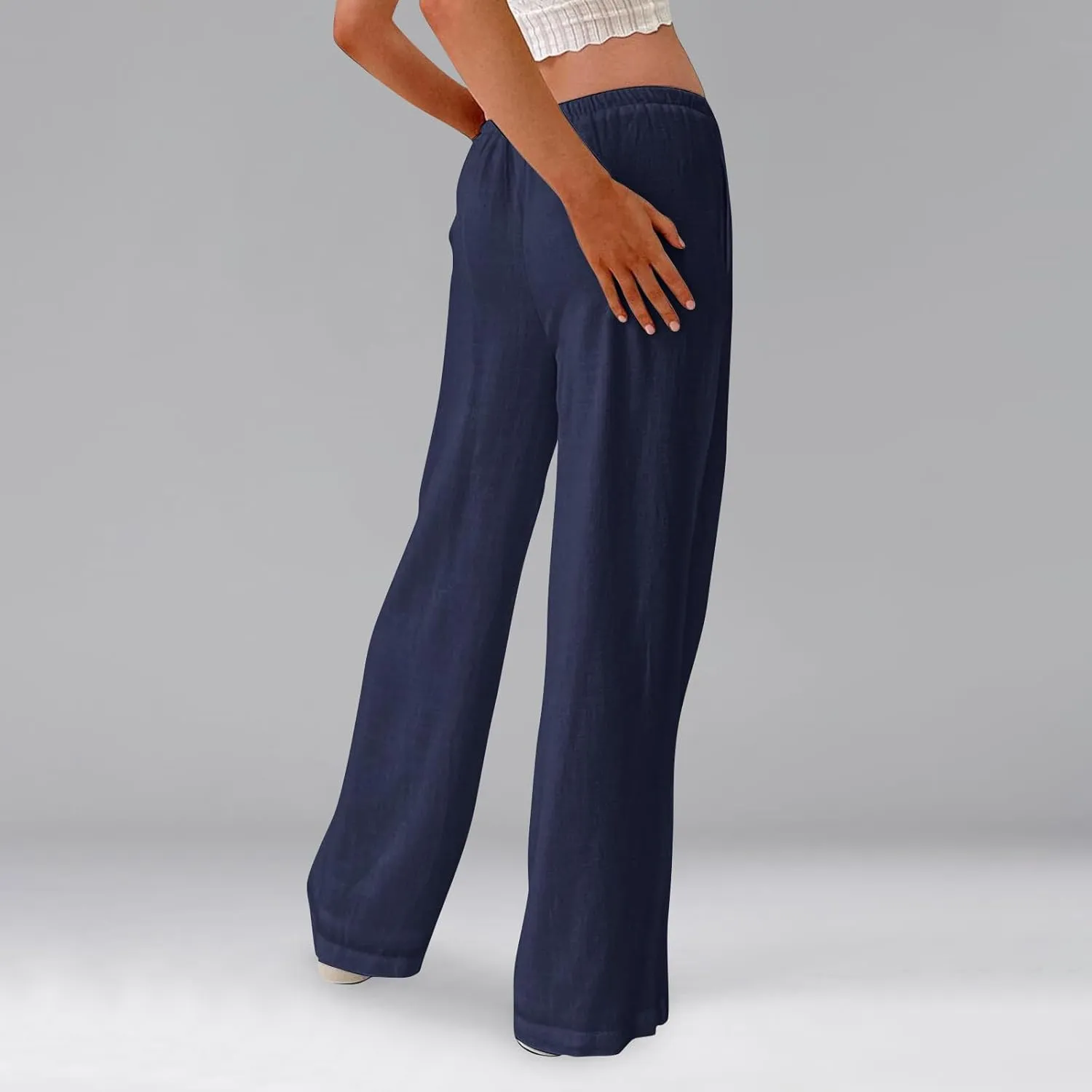 Linen Pants Women Drawstring Low Rise Wide Leg Pants Summer Flowy Vacation Beach Pant Casual Palazzo Pant
