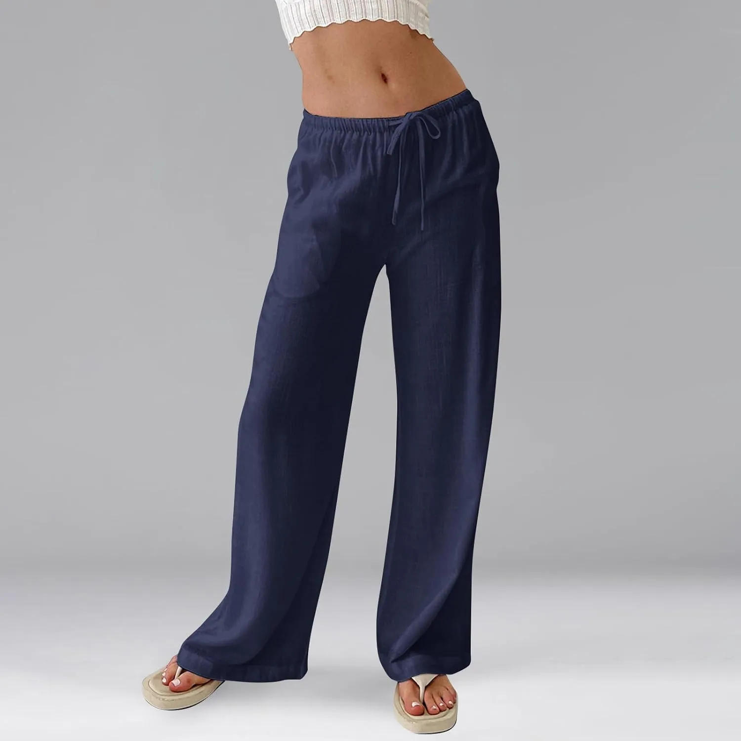 Linen Pants Women Drawstring Low Rise Wide Leg Pants Summer Flowy Vacation Beach Pant Casual Palazzo Pant