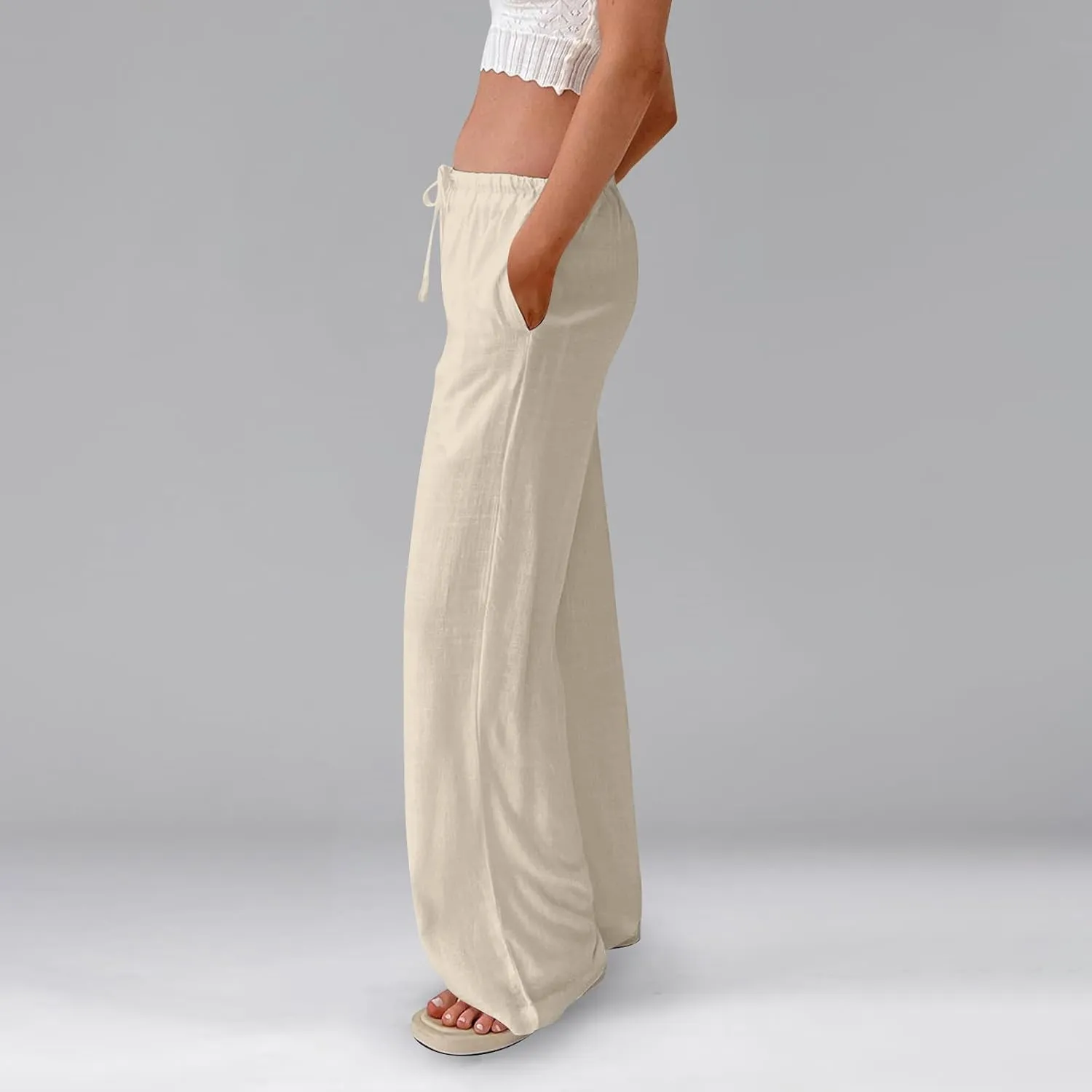 Linen Pants Women Drawstring Low Rise Wide Leg Pants Summer Flowy Vacation Beach Pant Casual Palazzo Pant