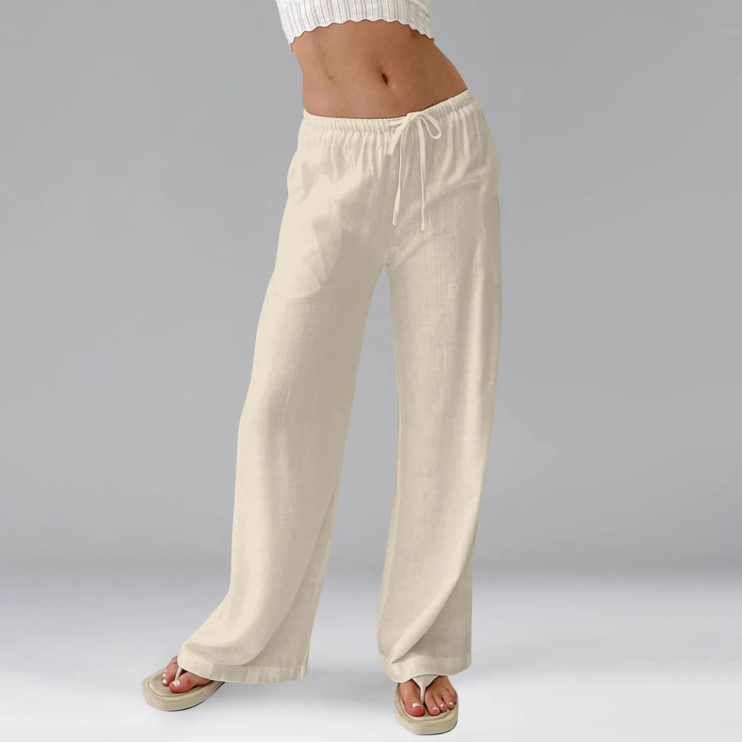 Linen Pants Women Drawstring Low Rise Wide Leg Pants Summer Flowy Vacation Beach Pant Casual Palazzo Pant