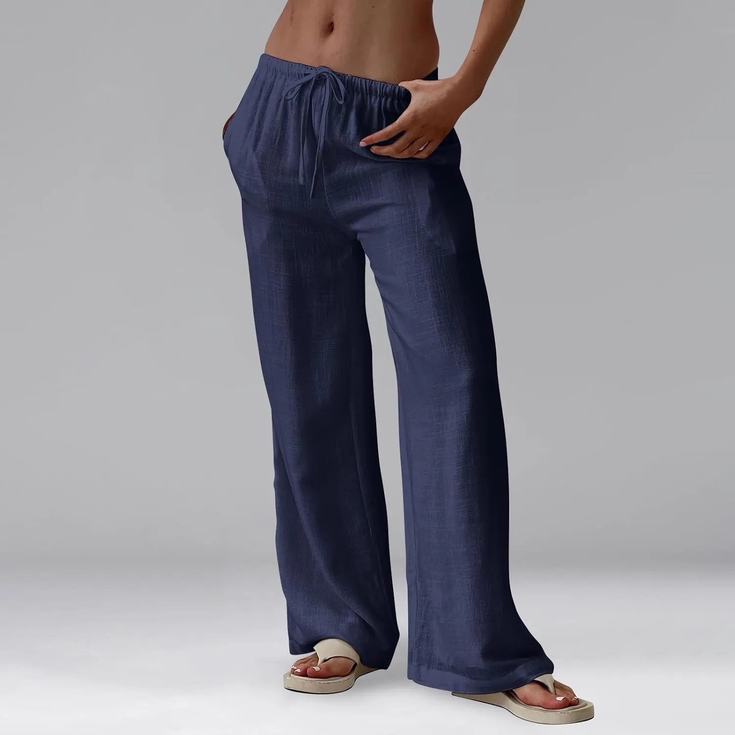 Linen Pants Women Drawstring Low Rise Wide Leg Pants Summer Flowy Vacation Beach Pant Casual Palazzo Pant