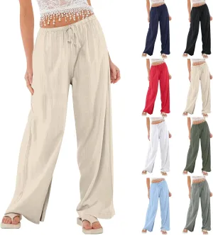 Linen Pants Women Drawstring Low Rise Wide Leg Pants Summer Flowy Vacation Beach Pant Casual Palazzo Pant