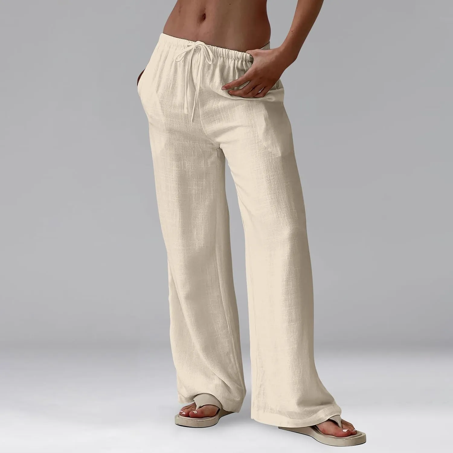 Linen Pants Women Drawstring Low Rise Wide Leg Pants Summer Flowy Vacation Beach Pant Casual Palazzo Pant