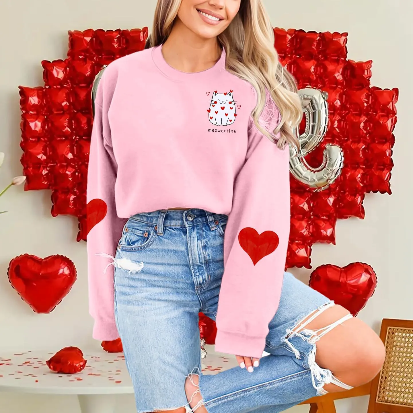 LOTUCY Meowentine Sweatshirt for Women Cute Valentine's Cat Lover Pullover Shirts Love Heart Graphic Casual Tops