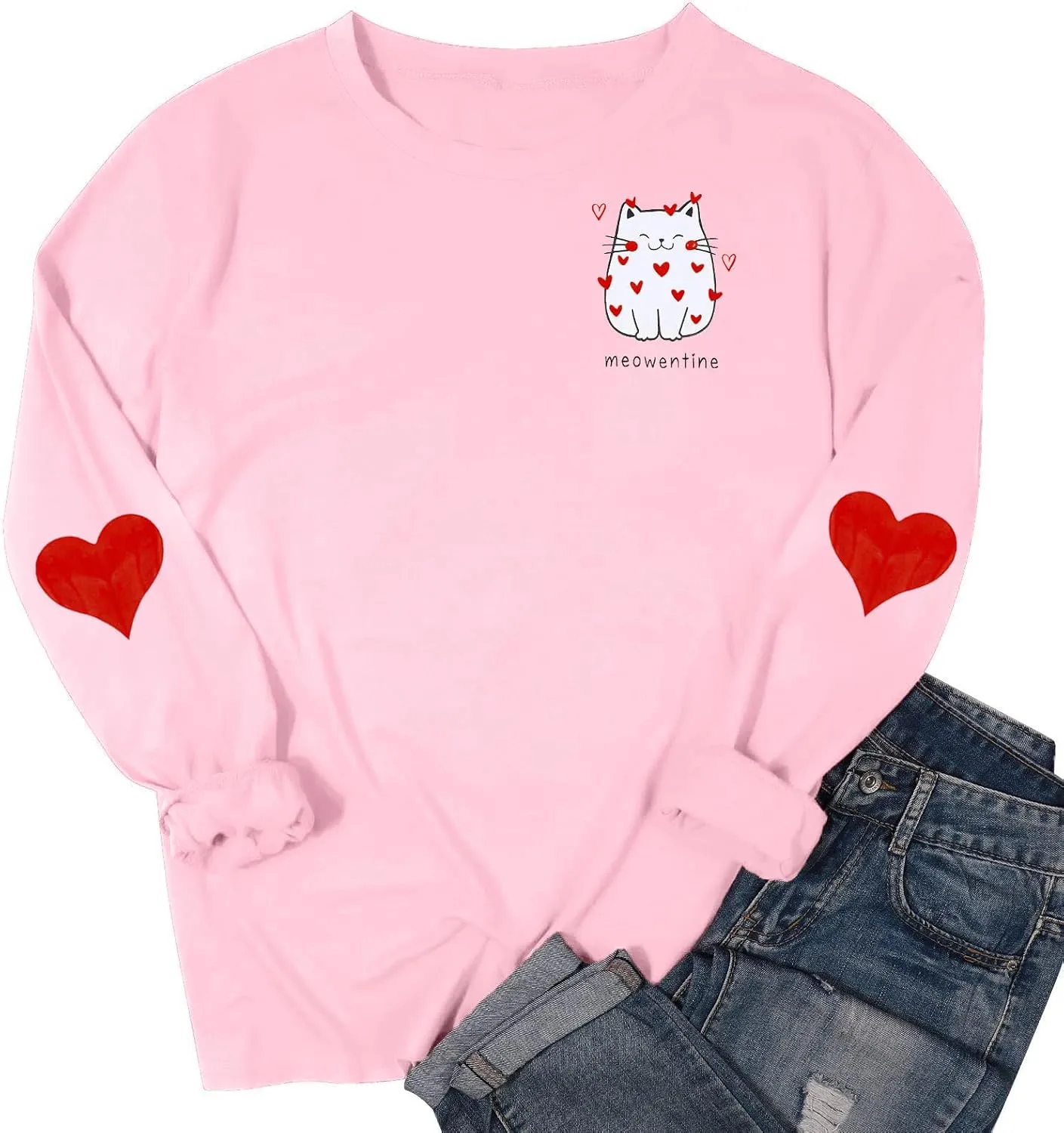 LOTUCY Meowentine Sweatshirt for Women Cute Valentine's Cat Lover Pullover Shirts Love Heart Graphic Casual Tops