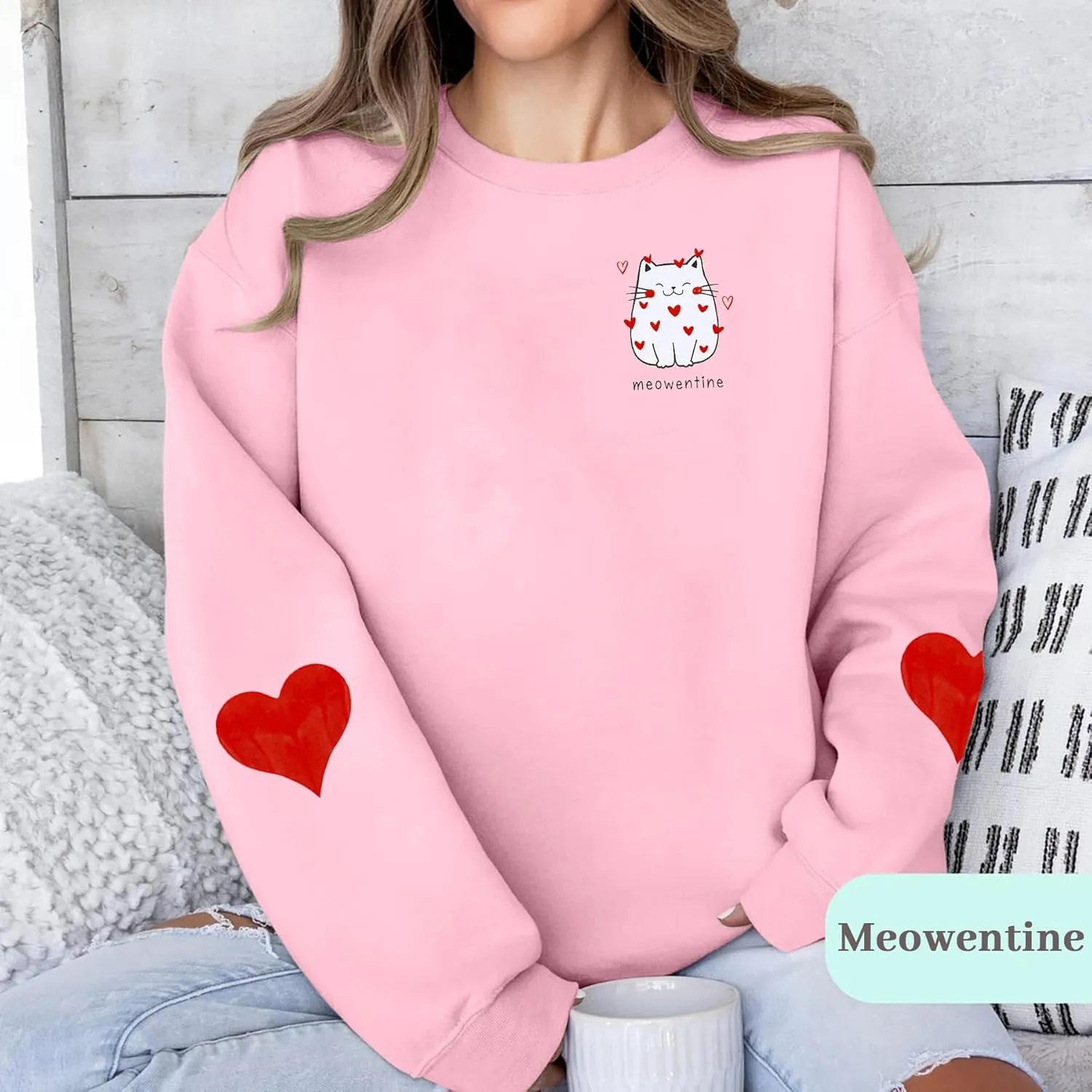 LOTUCY Meowentine Sweatshirt for Women Cute Valentine's Cat Lover Pullover Shirts Love Heart Graphic Casual Tops