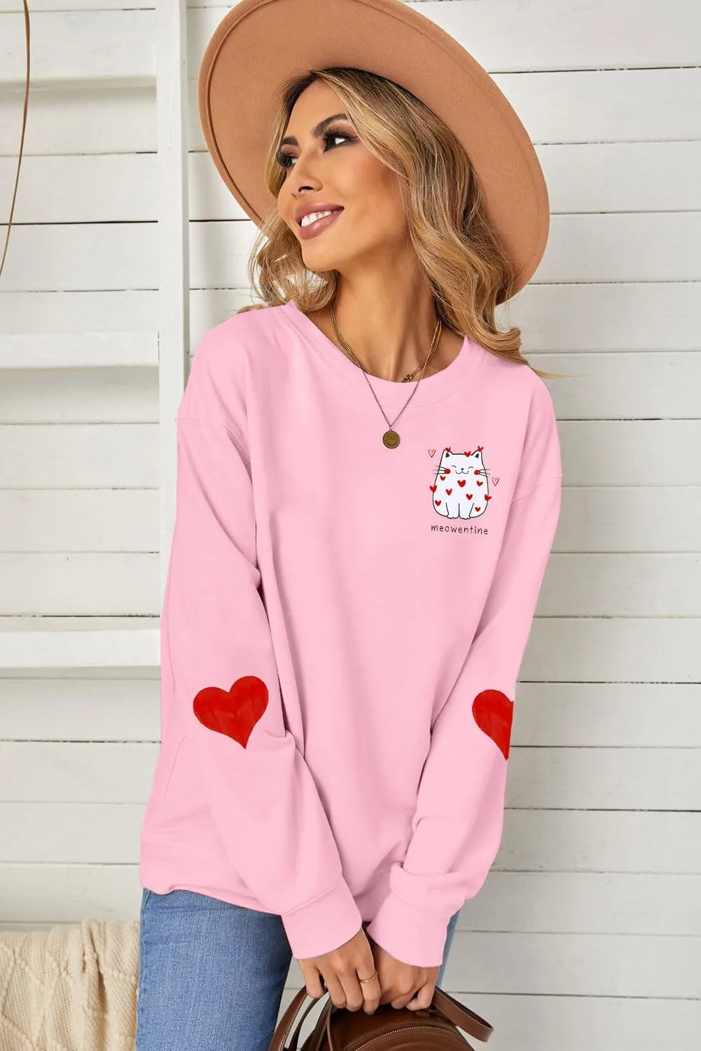 LOTUCY Meowentine Sweatshirt for Women Cute Valentine's Cat Lover Pullover Shirts Love Heart Graphic Casual Tops