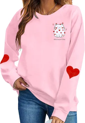 LOTUCY Meowentine Sweatshirt for Women Cute Valentine's Cat Lover Pullover Shirts Love Heart Graphic Casual Tops