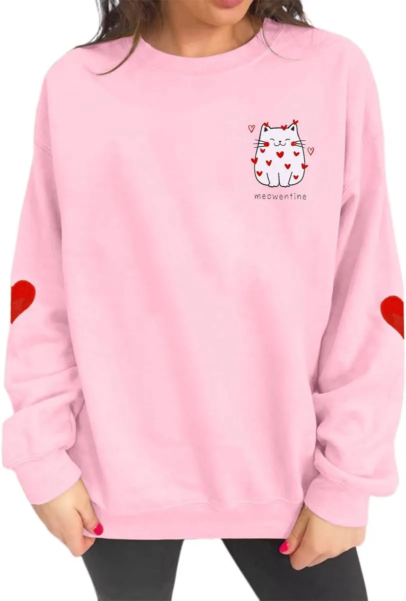LOTUCY Meowentine Sweatshirt for Women Cute Valentine's Cat Lover Pullover Shirts Love Heart Graphic Casual Tops