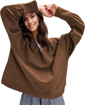 LTSCNRM Oversized Sweatshirt for Women V-Neck Long Sleeve Hoodies Trendy Pullover Outfits Lightweight Loose Casual Tops