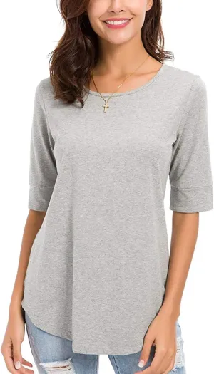 LUSMAY Womens Crew Neck Loose Fitting Tunic Shirts Cotton Casual Tops