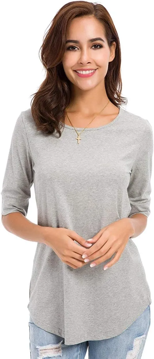 LUSMAY Womens Crew Neck Loose Fitting Tunic Shirts Cotton Casual Tops