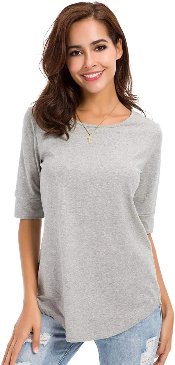 LUSMAY Womens Crew Neck Loose Fitting Tunic Shirts Cotton Casual Tops