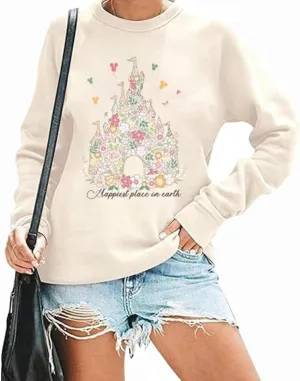 Magical Sweatshirts for Women Happiest Place On Earth Graphic Shirt Family Vacation Pullover TShirt Casual Tops Apricot M