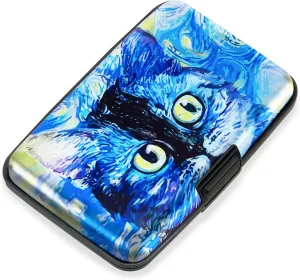 Mayski Credit Card Holder, RFID Blocking, Aluminum Alloy Hard Case, Small Mini Business Metal Wallet for Women Men, Blue Cat