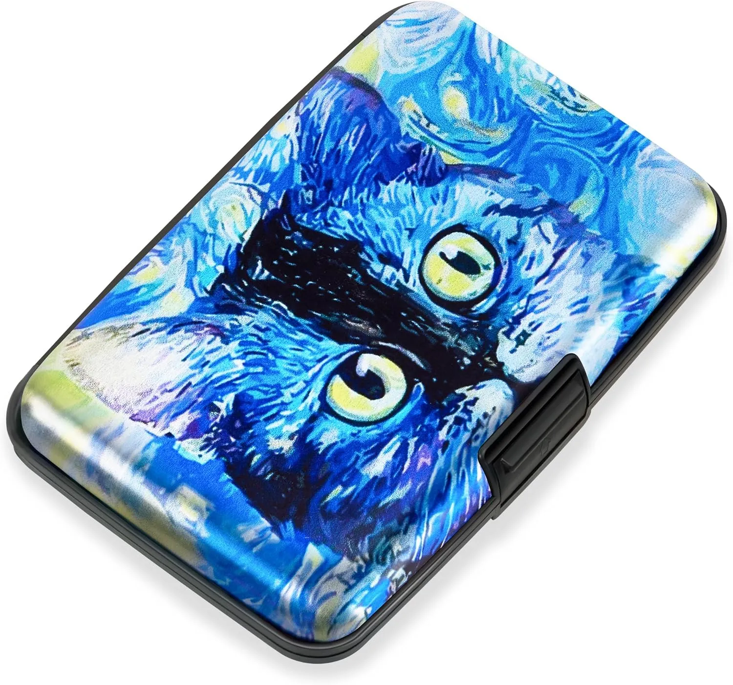 Mayski Credit Card Holder, RFID Blocking, Aluminum Alloy Hard Case, Small Mini Business Metal Wallet for Women Men, Blue Cat