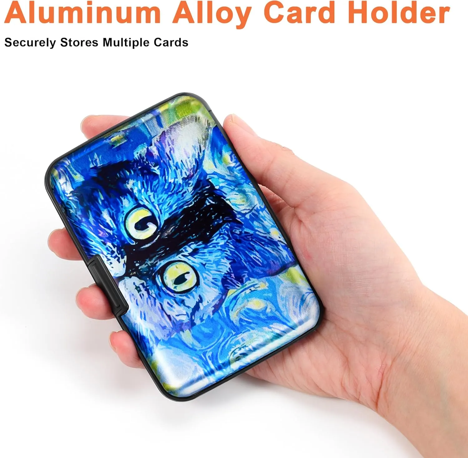 Mayski Credit Card Holder, RFID Blocking, Aluminum Alloy Hard Case, Small Mini Business Metal Wallet for Women Men, Blue Cat