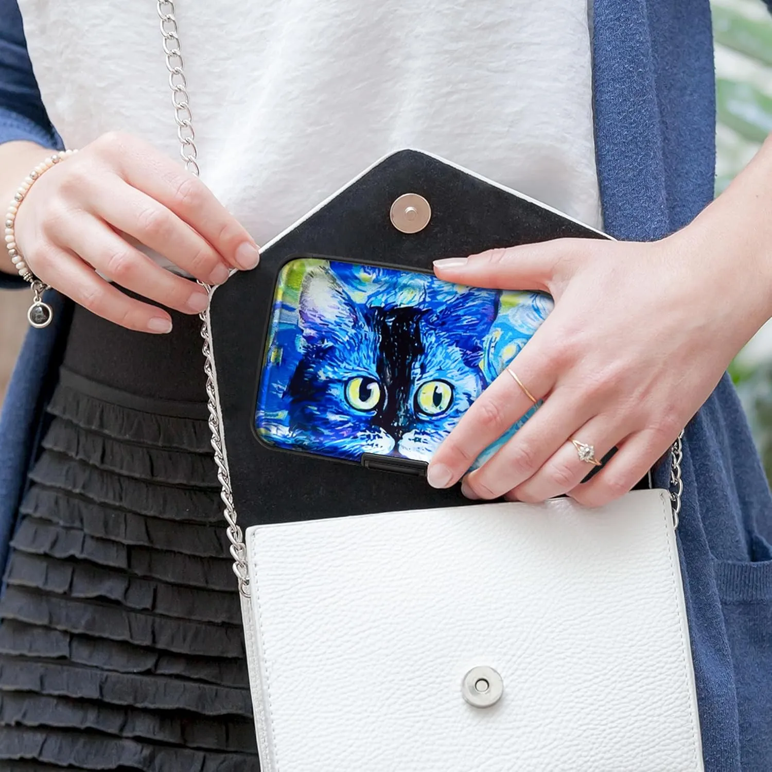 Mayski Credit Card Holder, RFID Blocking, Aluminum Alloy Hard Case, Small Mini Business Metal Wallet for Women Men, Blue Cat