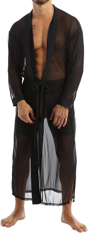 Men Long Shirt Transparent Open Stitch Cardigan Sexy Cloak Casual Tops Streetwear Nightgown Sleepwear Bow Lingerie